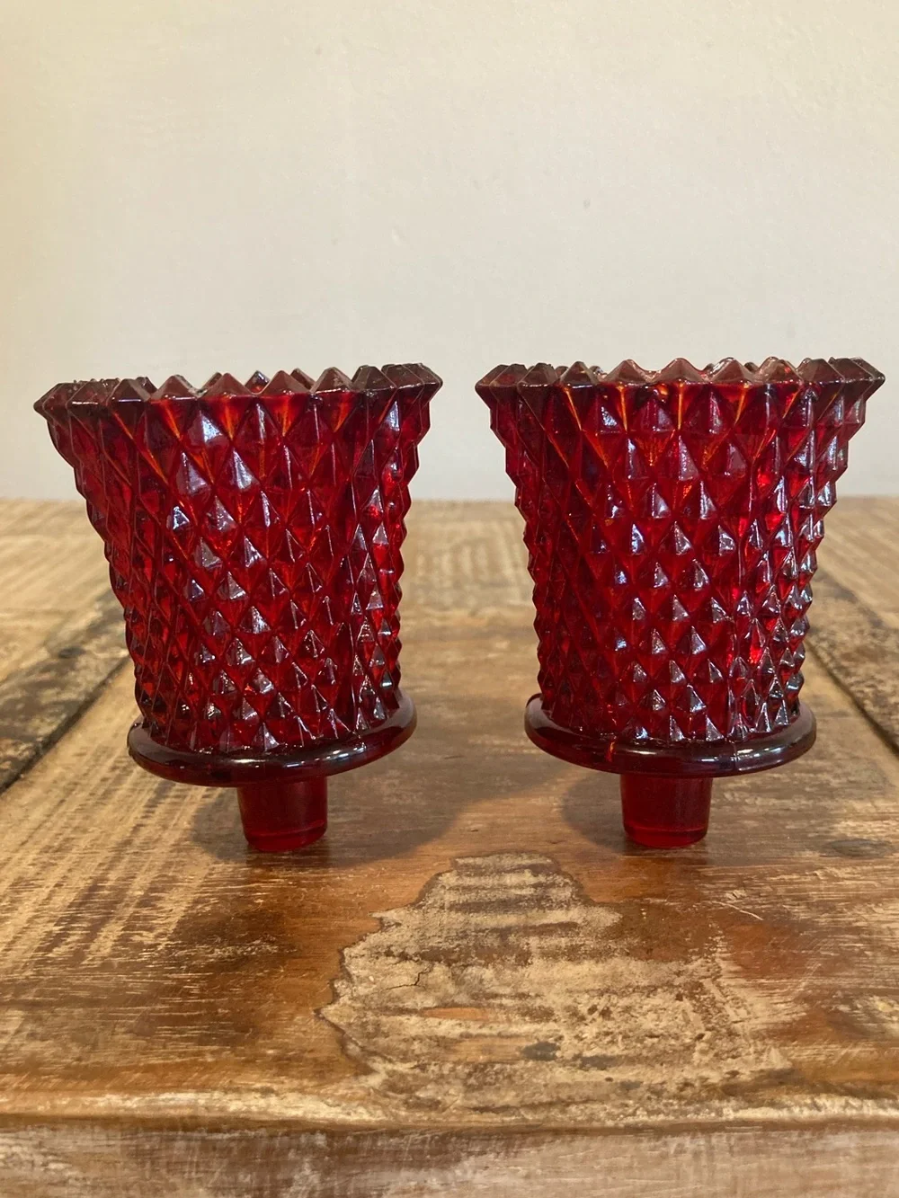 2 Pegged Glass Votive Holders Vintage Red Painted Diamond Pattern 70s-80s Decor